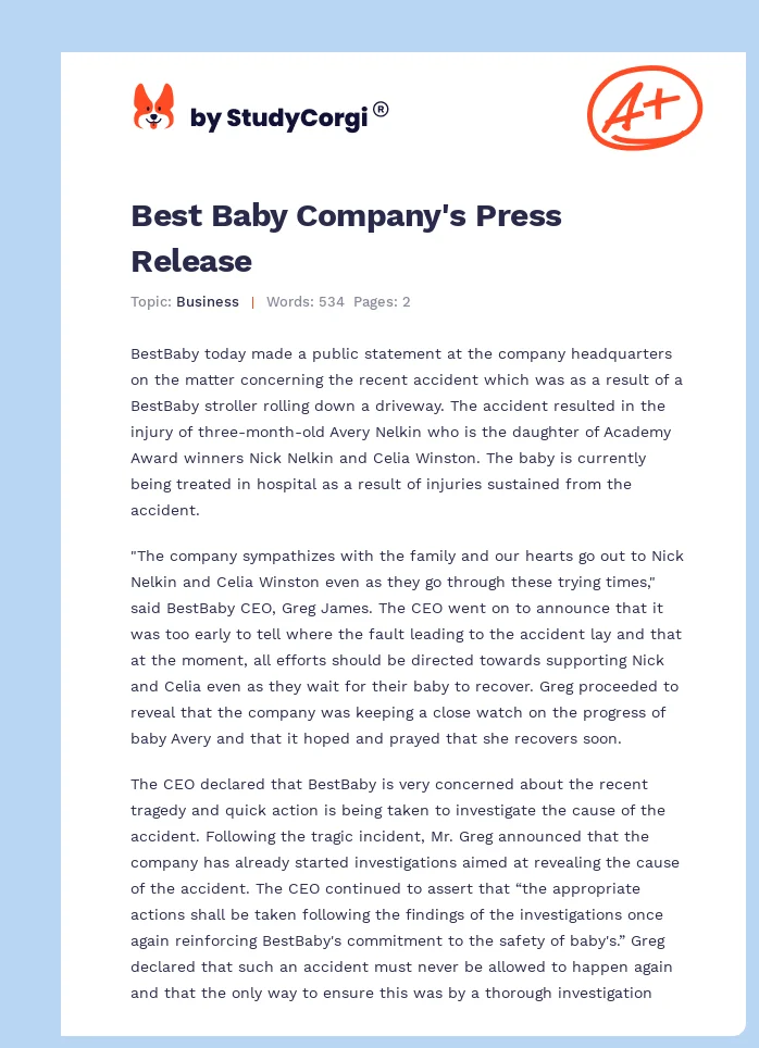 Best Baby Company's Press Release. Page 1