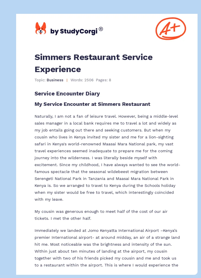 Simmers Restaurant Service Experience. Page 1