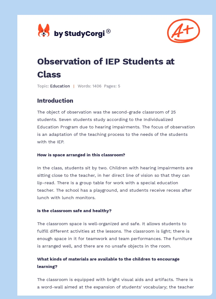 Observation of IEP Students at Class. Page 1