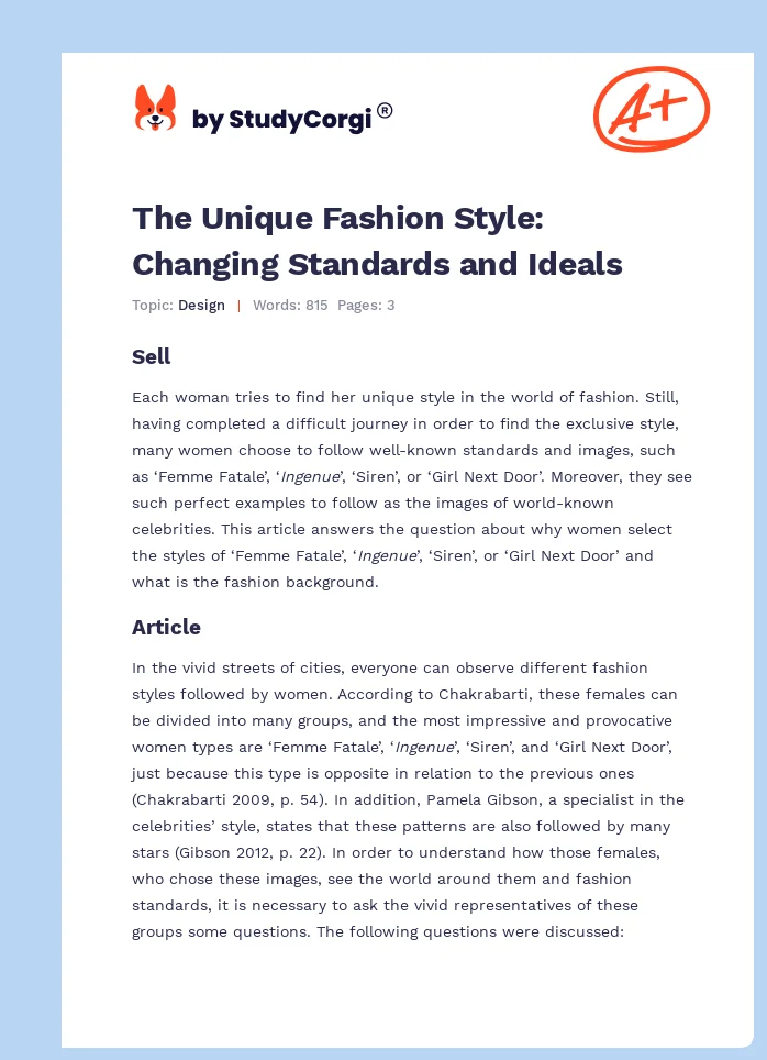 The Unique Fashion Style: Changing Standards and Ideals. Page 1