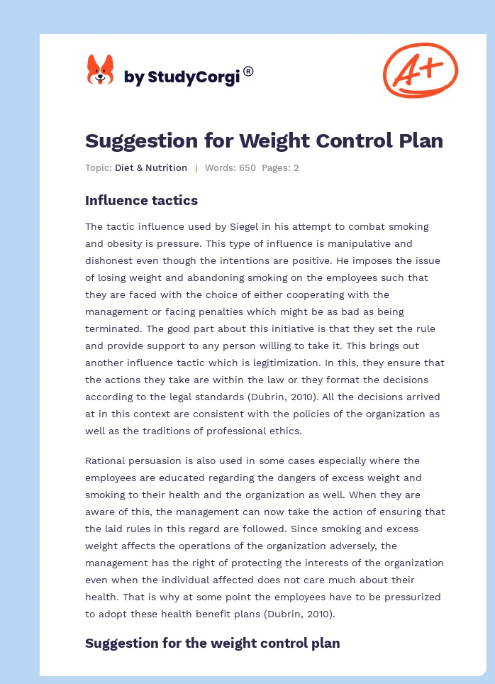 Suggestion for Weight Control Plan. Page 1
