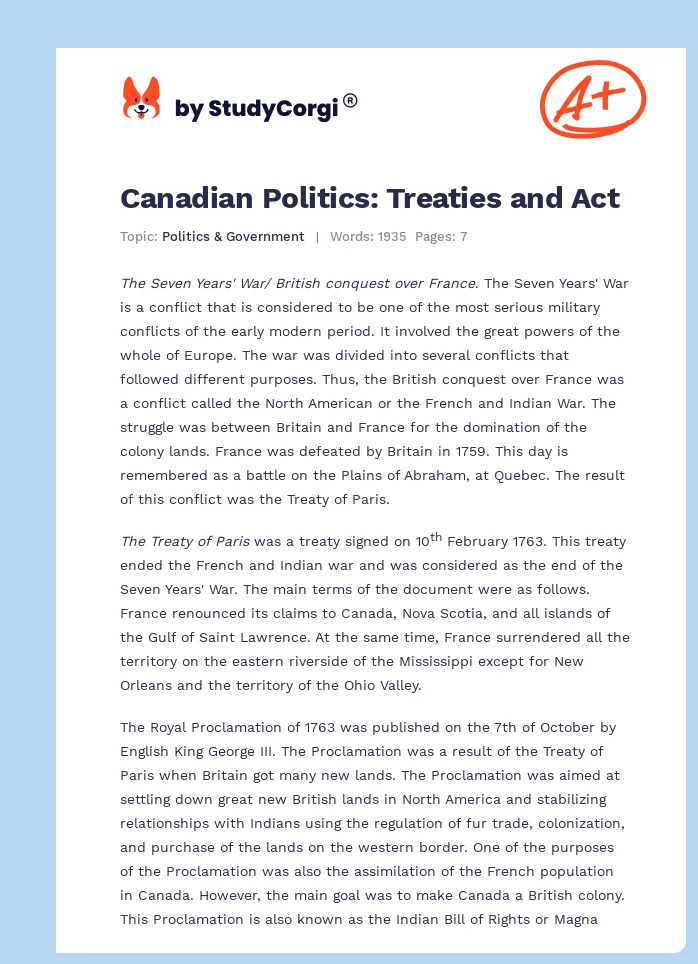 Canadian Politics: Treaties and Act. Page 1