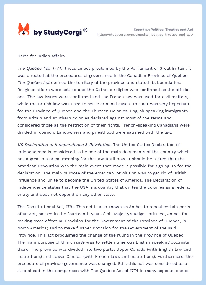 Canadian Politics: Treaties and Act. Page 2