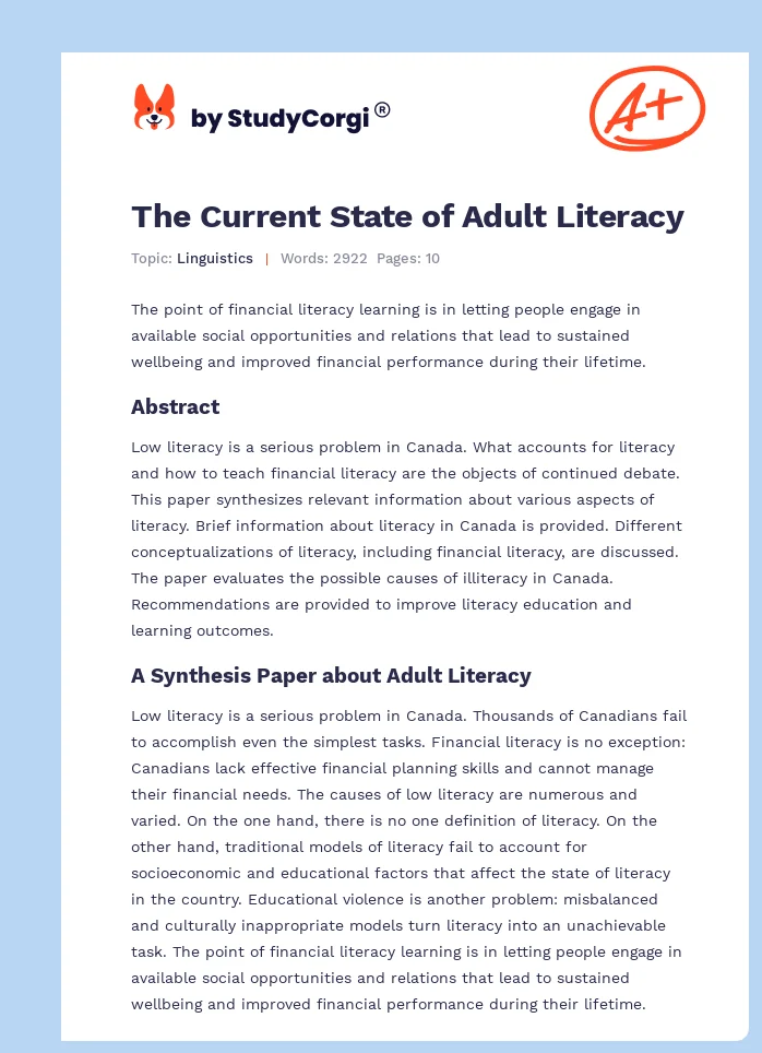 The Current State of Adult Literacy. Page 1