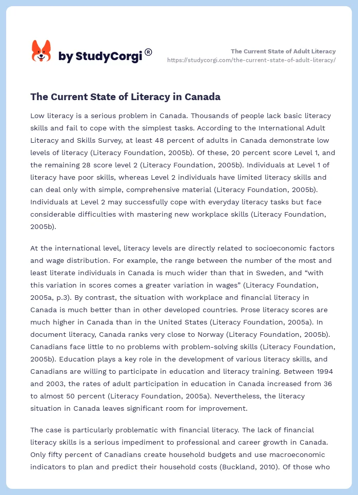 The Current State of Adult Literacy. Page 2