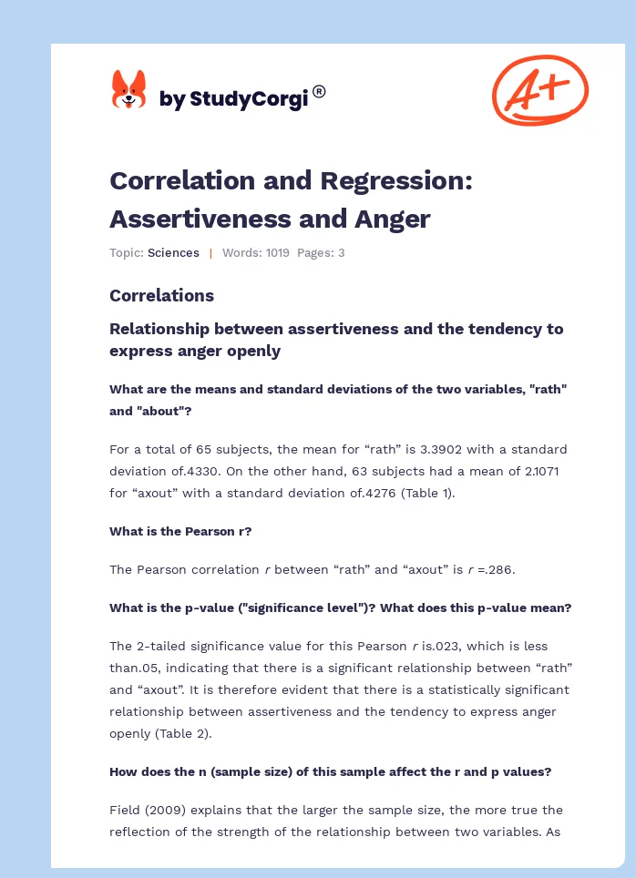 Correlation and Regression: Assertiveness and Anger. Page 1