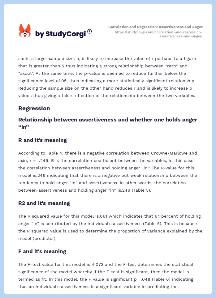 Correlation and Regression: Assertiveness and Anger. Page 2