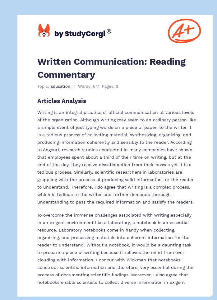 Written Communication: Reading Commentary. Page 1