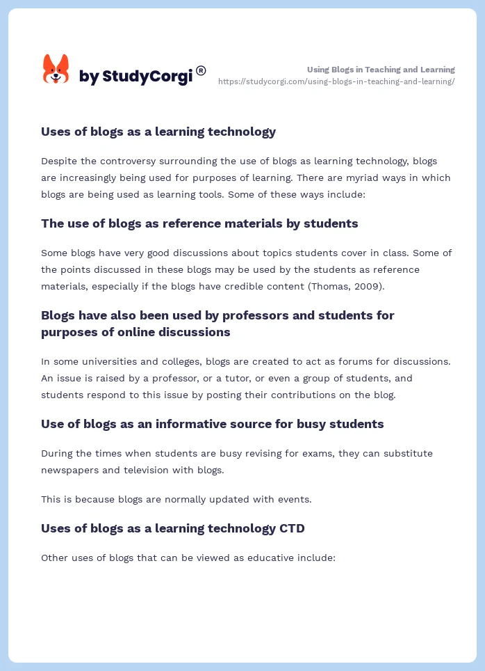 Using Blogs in Teaching and Learning. Page 2