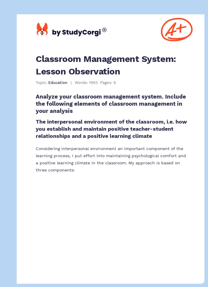 Classroom Management System: Lesson Observation. Page 1