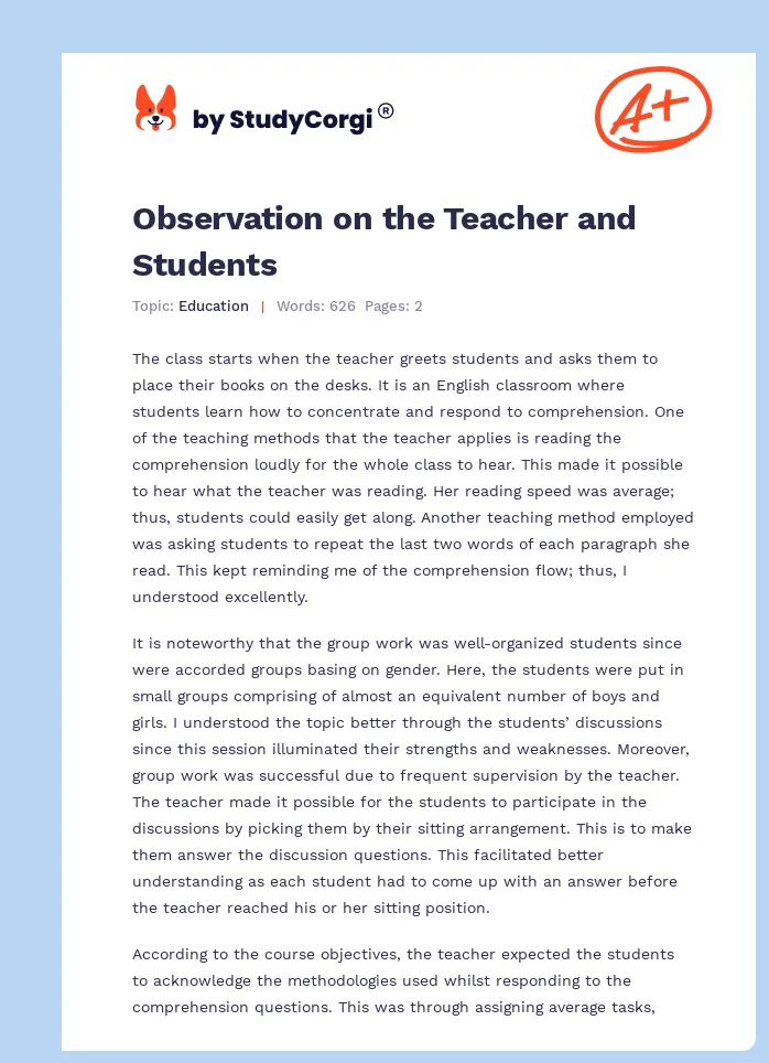 Observation on the Teacher and Students. Page 1