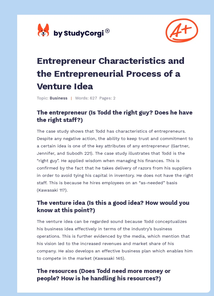 Entrepreneur Characteristics and the Entrepreneurial Process of a Venture Idea. Page 1