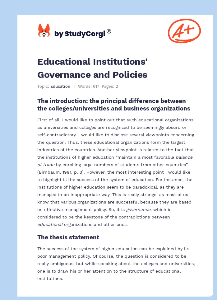 Educational Institutions' Governance and Policies. Page 1