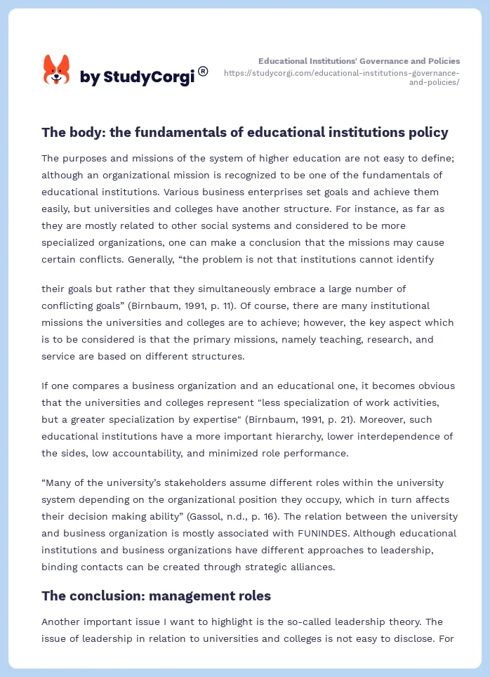 Educational Institutions' Governance and Policies. Page 2