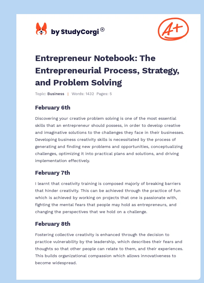 Entrepreneur Notebook: The Entrepreneurial Process, Strategy, and Problem Solving. Page 1