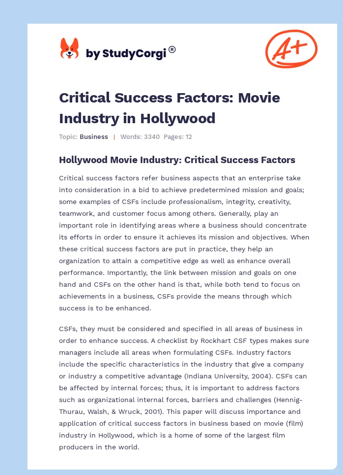 Critical Success Factors: Movie Industry in Hollywood. Page 1