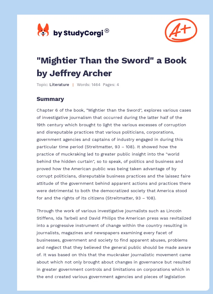 "Mightier Than the Sword" a Book by Jeffrey Archer. Page 1