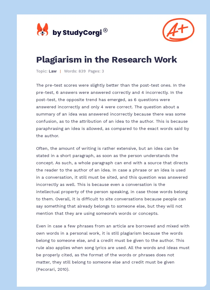 Plagiarism in the Research Work. Page 1