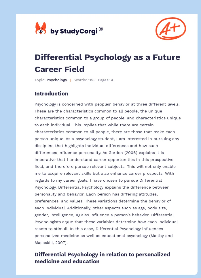 Differential Psychology as a Future Career Field. Page 1