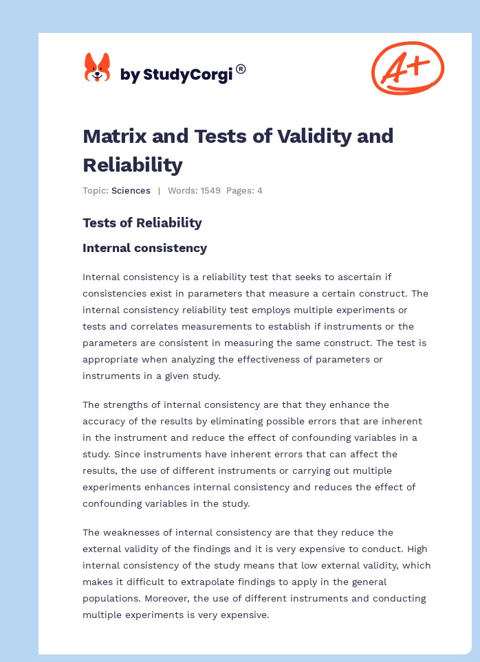 Matrix and Tests of Validity and Reliability. Page 1