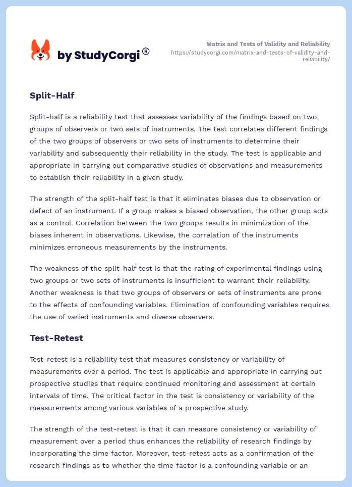 Matrix and Tests of Validity and Reliability. Page 2