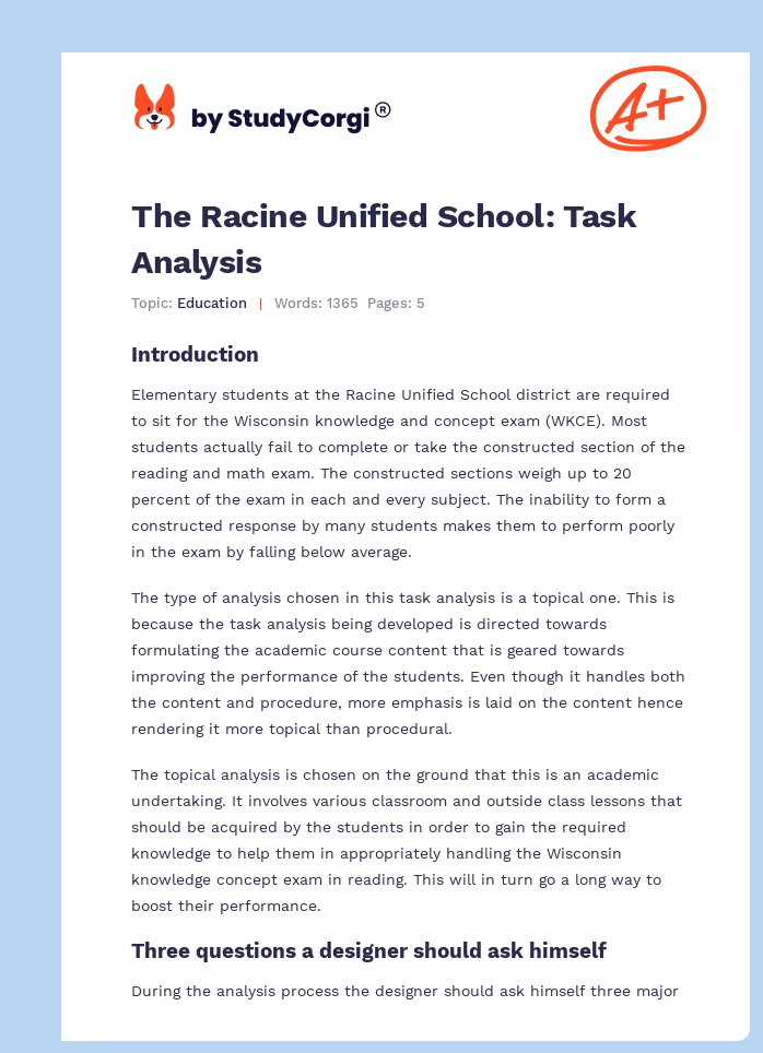 The Racine Unified School: Task Analysis. Page 1
