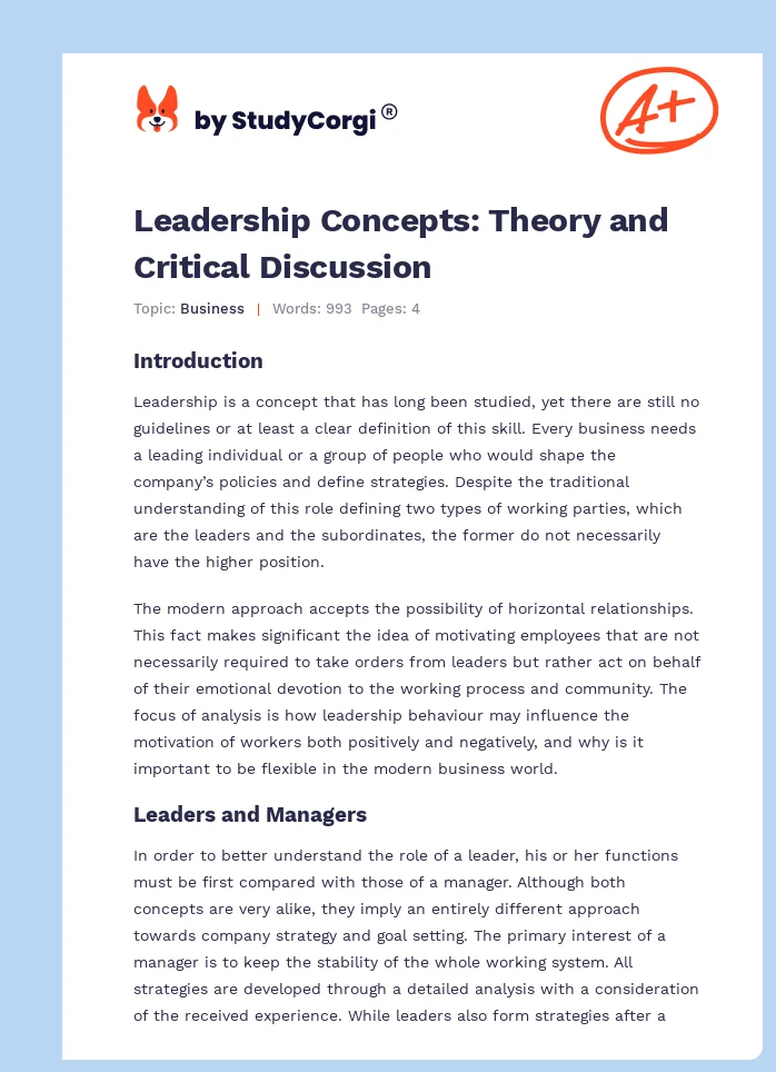 Leadership Concepts: Theory and Critical Discussion. Page 1