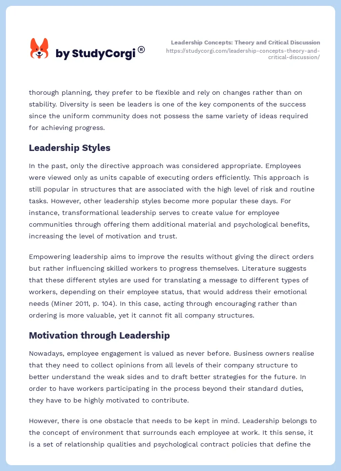 Leadership Concepts: Theory and Critical Discussion. Page 2