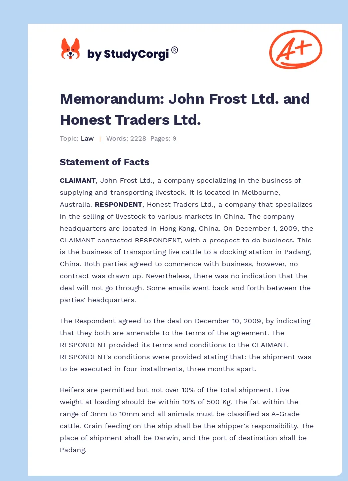 Memorandum: John Frost Ltd. and Honest Traders Ltd.. Page 1
