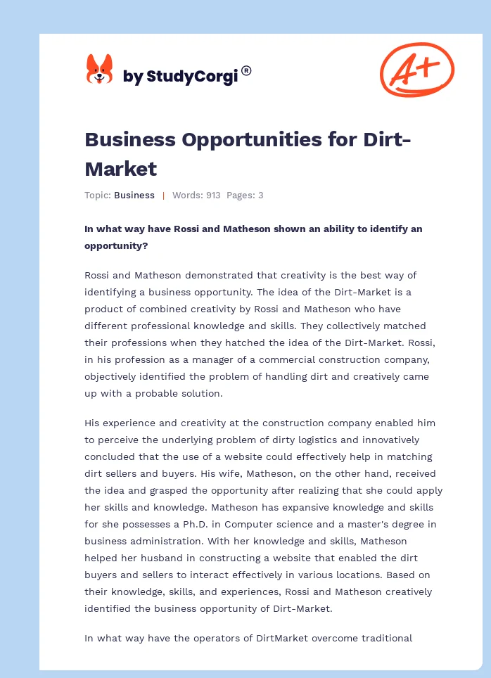 Business Opportunities for Dirt-Market. Page 1