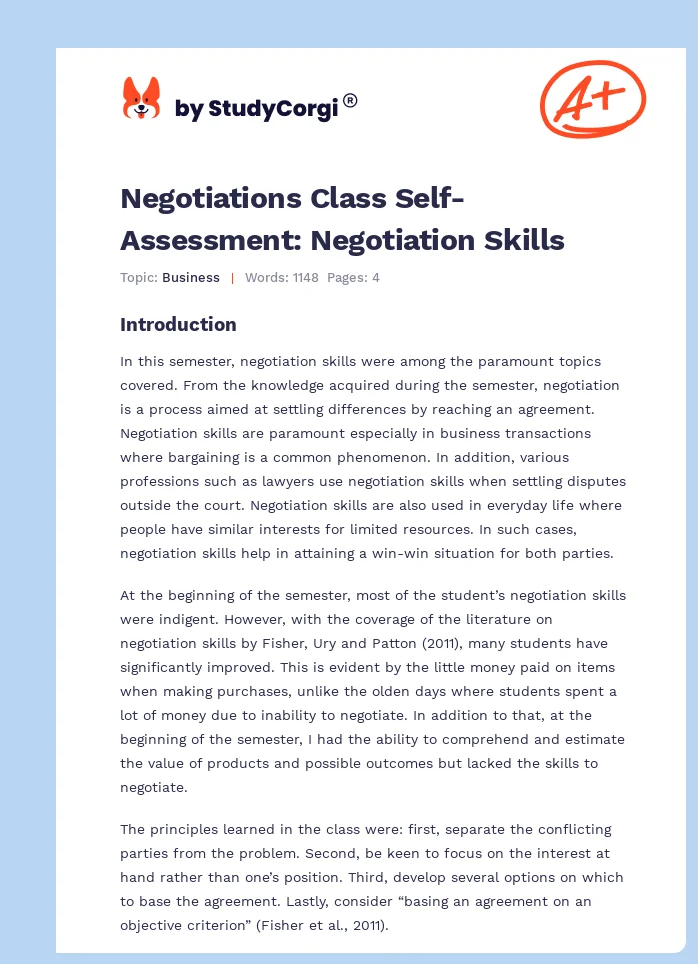 Negotiations Class Self-Assessment: Negotiation Skills. Page 1