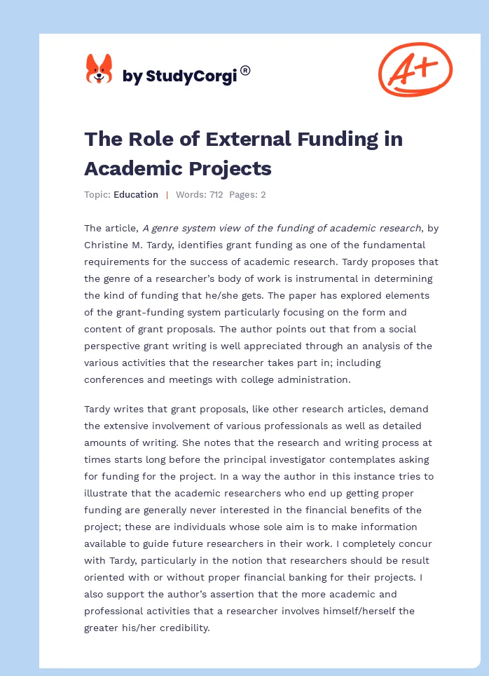 The Role of External Funding in Academic Projects. Page 1