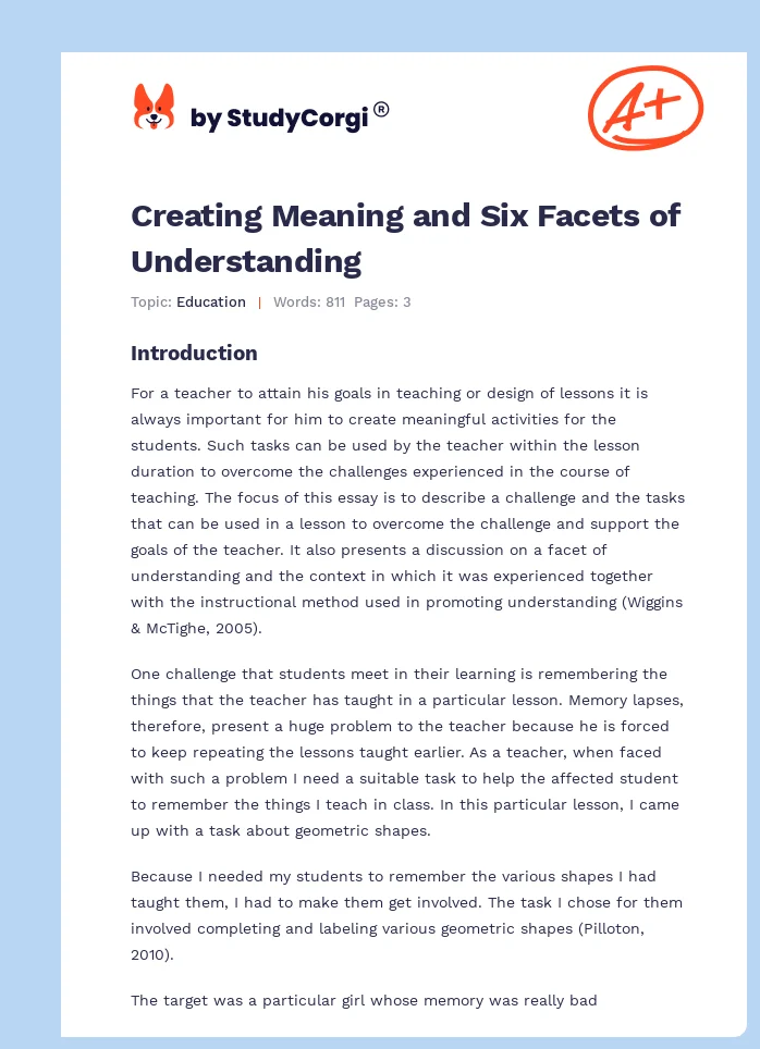 Creating Meaning and Six Facets of Understanding. Page 1