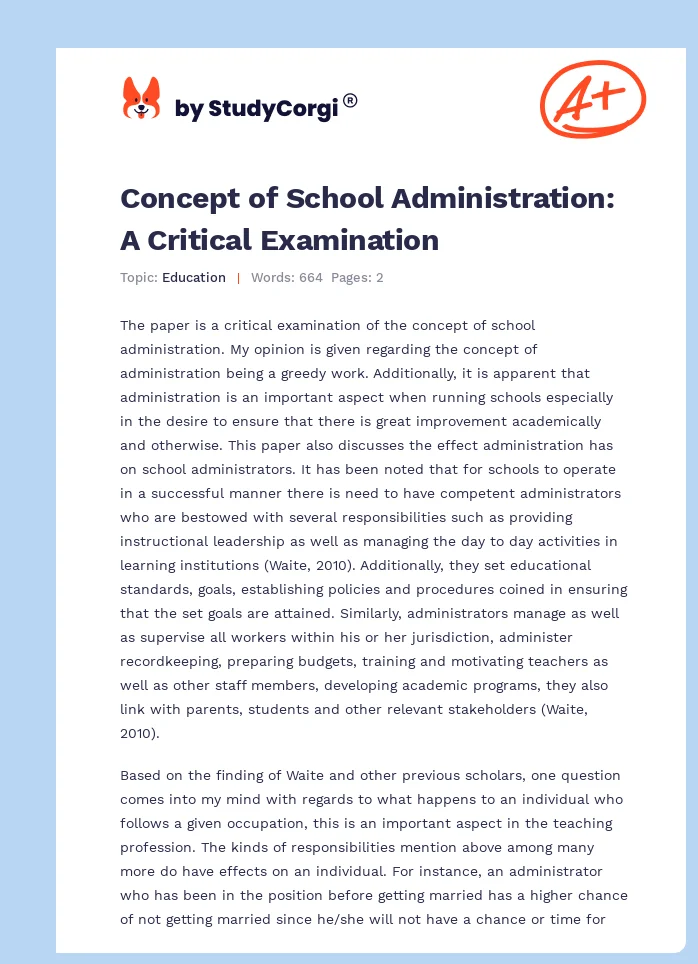 Concept of School Administration: A Critical Examination. Page 1