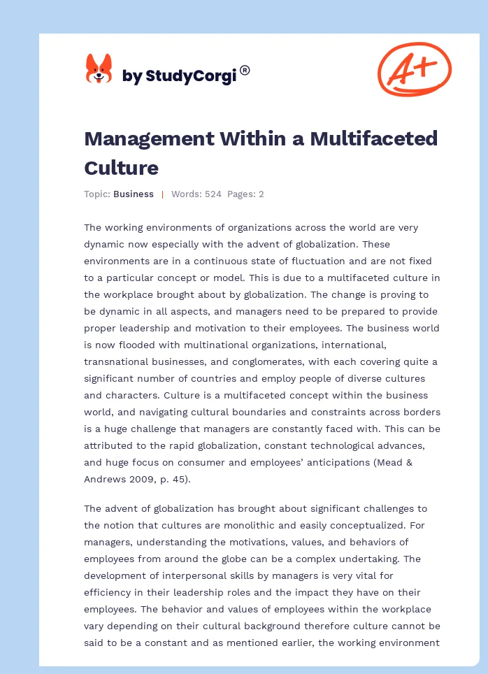 Management Within a Multifaceted Culture. Page 1