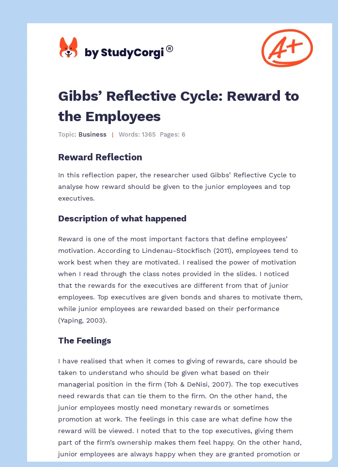 Gibbs’ Reflective Cycle: Reward to the Employees. Page 1