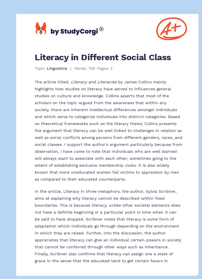 Literacy in Different Social Class. Page 1