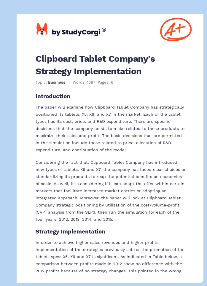 Clipboard Tablet Company's Strategy Implementation. Page 1