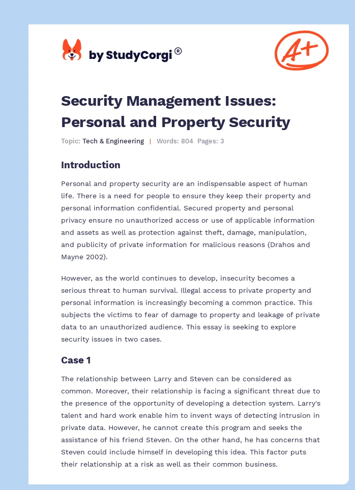 Security Management Issues: Personal and Property Security. Page 1