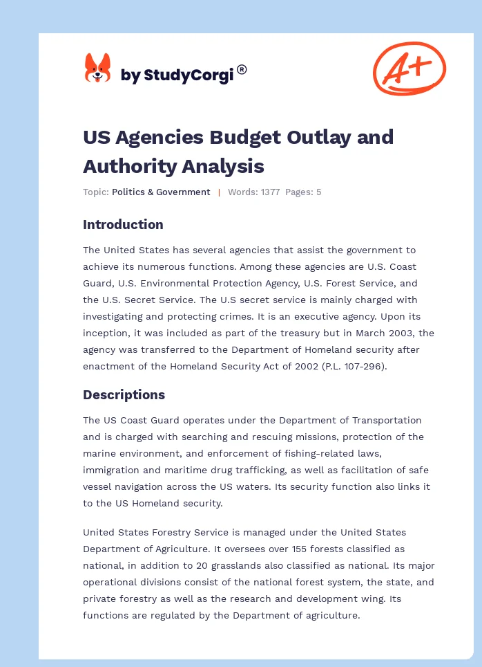 US Agencies Budget Outlay and Authority Analysis. Page 1