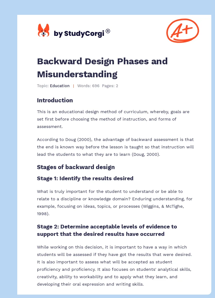 Backward Design Phases and Misunderstanding. Page 1
