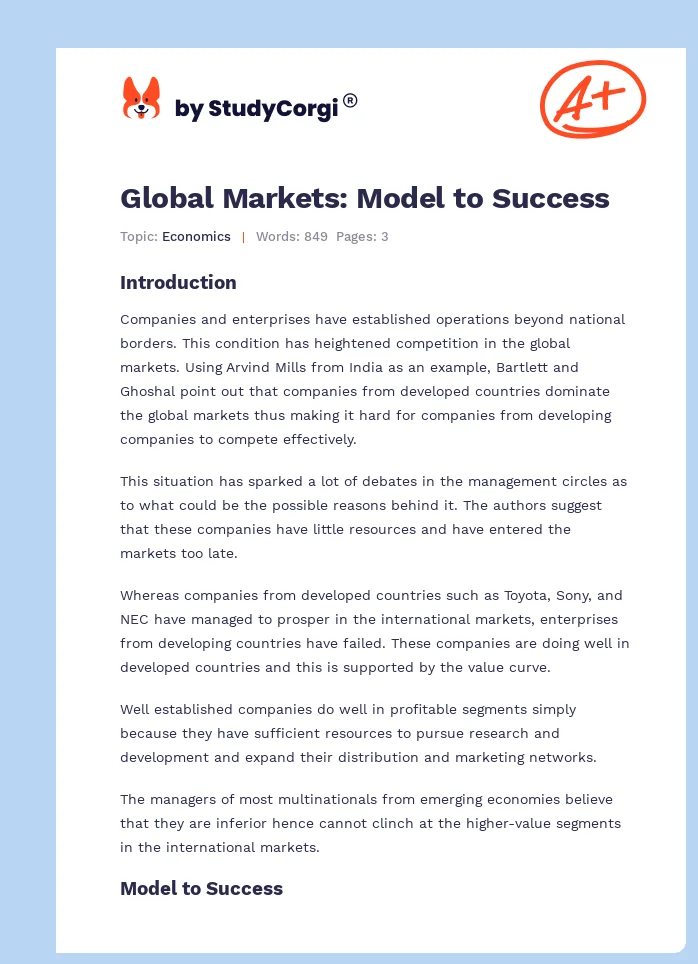 Global Markets: Model to Success. Page 1