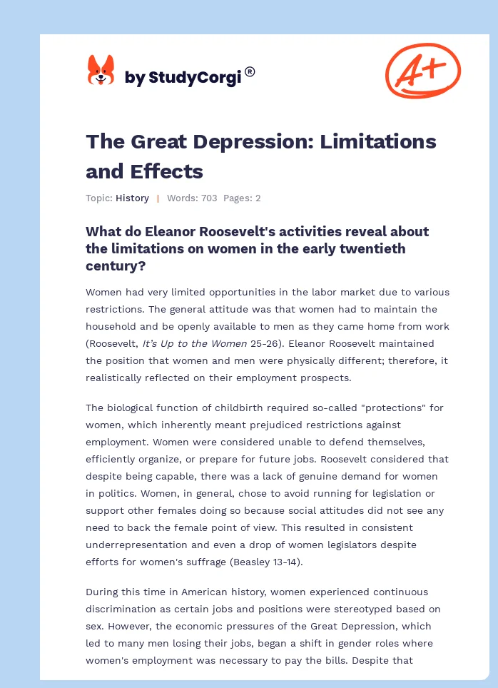 The Great Depression: Limitations and Effects. Page 1