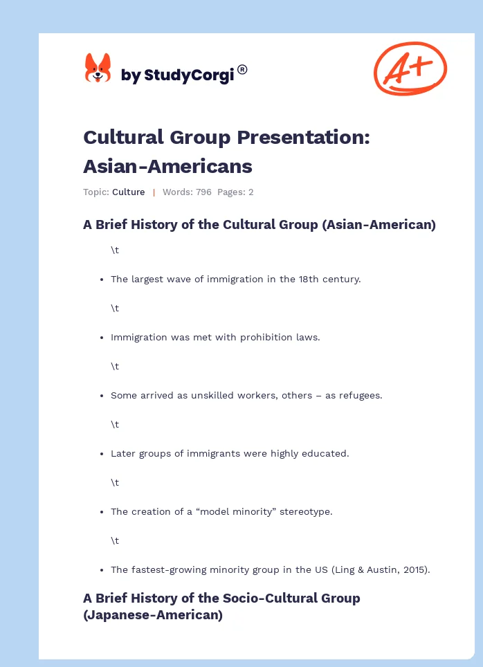 Cultural Group Presentation: Asian-Americans. Page 1