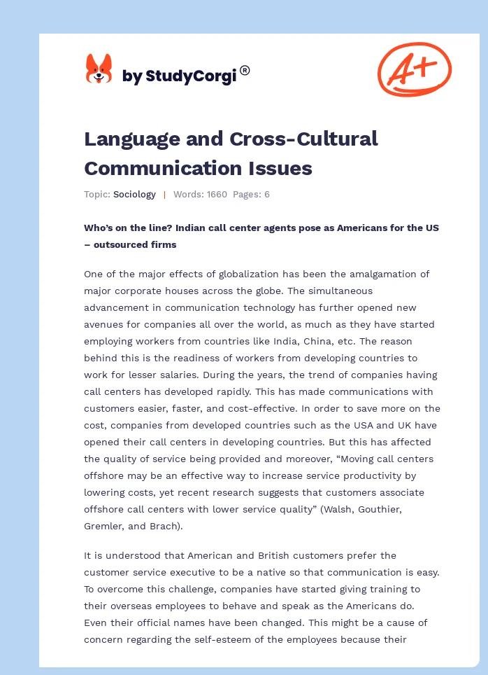 Language and Cross-Cultural Communication Issues. Page 1