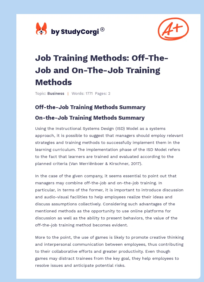 Job Training Methods: Off-The-Job and On-The-Job Training Methods. Page 1