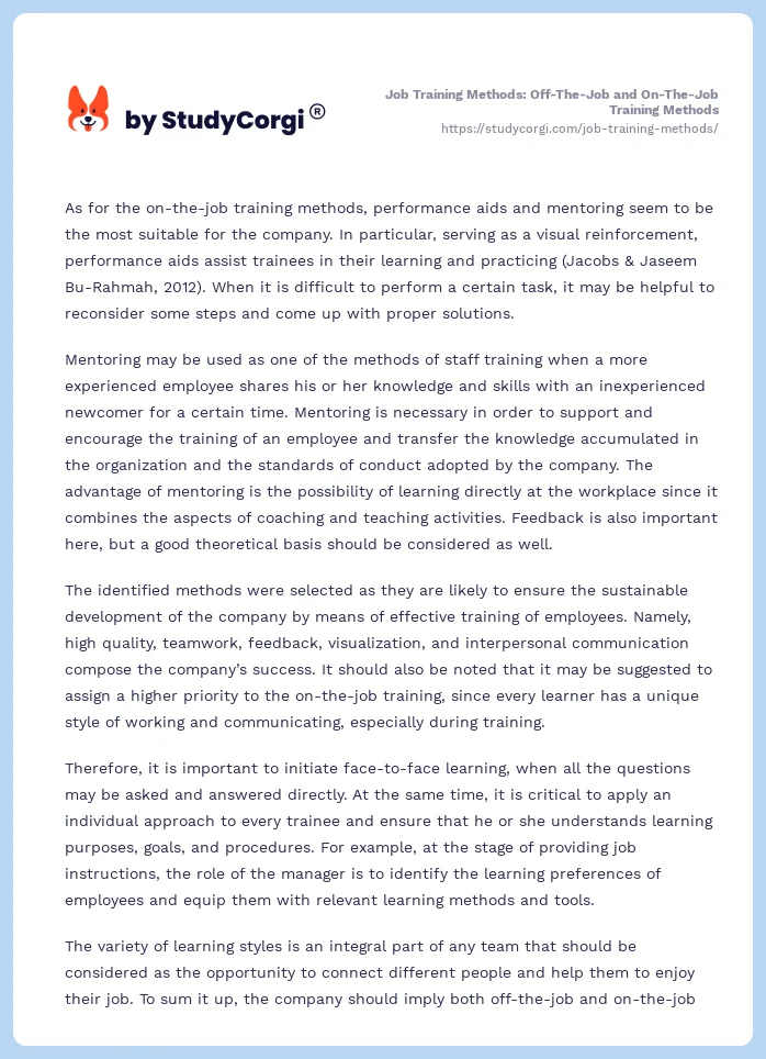 Job Training Methods: Off-The-Job and On-The-Job Training Methods. Page 2