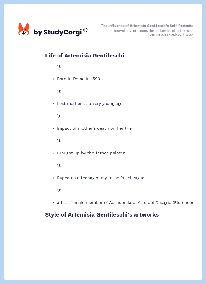 The Influence of Artemisia Gentileschi’s Self-Portraits. Page 2
