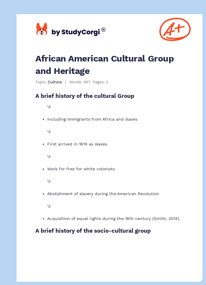 African American Cultural Group and Heritage. Page 1
