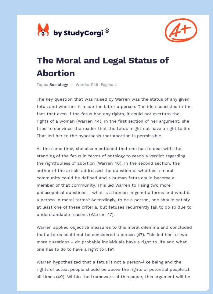 The Moral and Legal Status of Abortion. Page 1